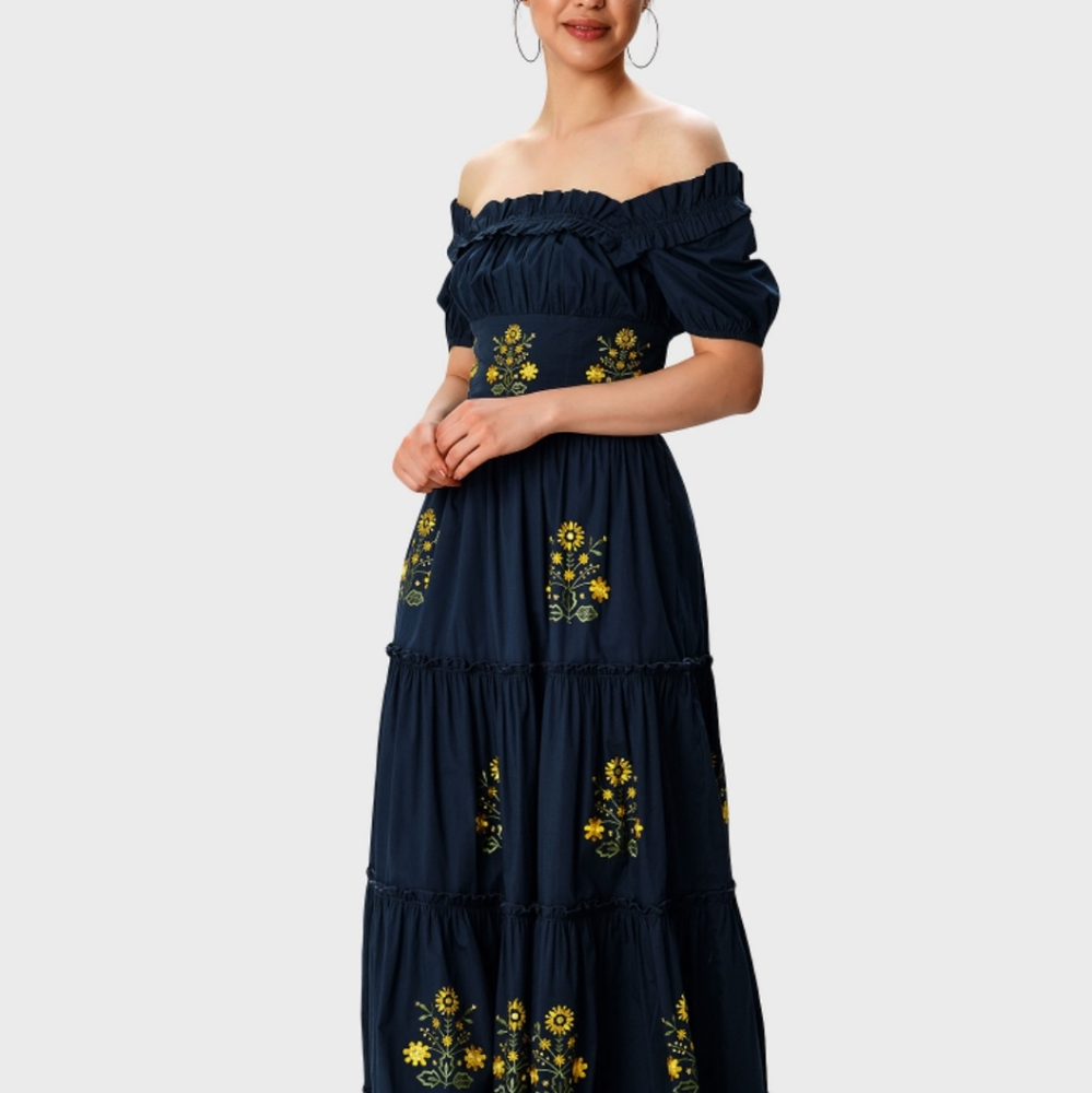 Deep Blue Maxi Dress With Yellow Floral Embroidery